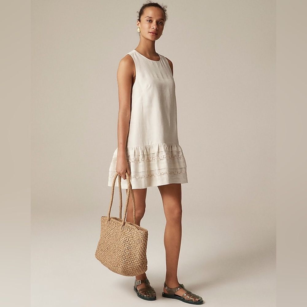 J Crew Maxine Ruffle Trim Dress in Linen NWT Petite Size XXSP Color: Natural